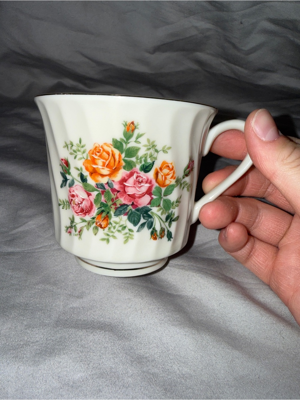 Porcelain Floral Mug with Pink & Orange Rose Motif